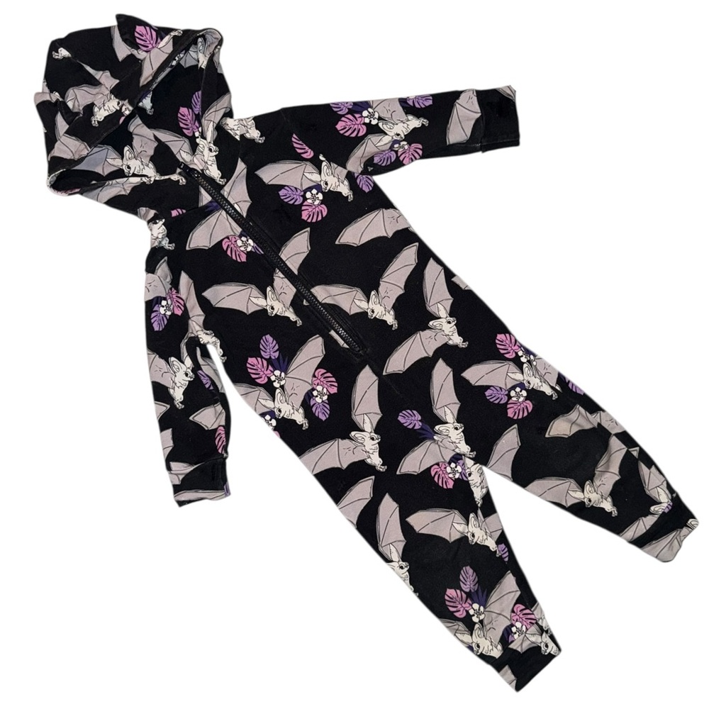 Black Hooded zip-up Onesie with Bat Print